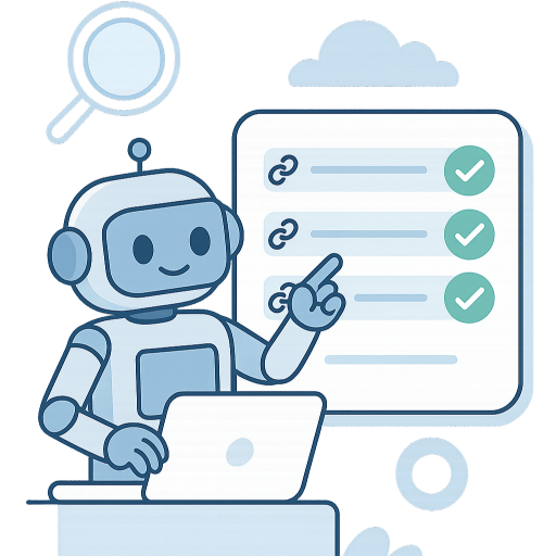 Bulk URL Checker homepage illustration of a robot reviewing a checklist of links