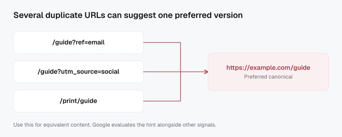 Three illustrative duplicate URLs for a guide declare the clean guide URL as their preferred canonical.