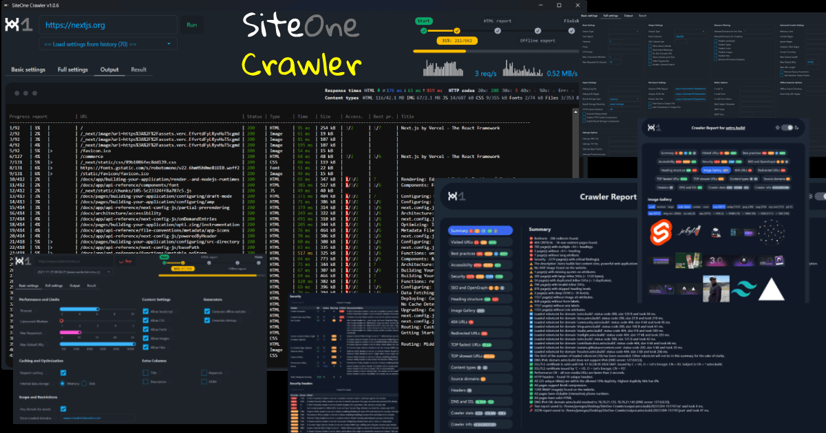SiteOne Crawler homepage collage of its desktop interface, terminal output and audit reports.