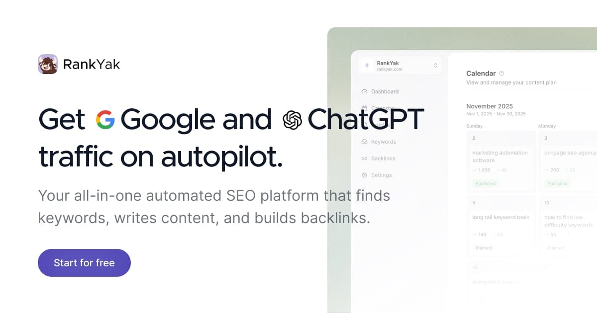 RankYak homepage card with its SEO platform message and a calendar preview