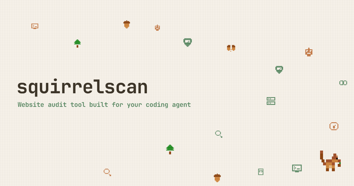 squirrelscan homepage graphic with pixel artwork and its website audit tool tagline.