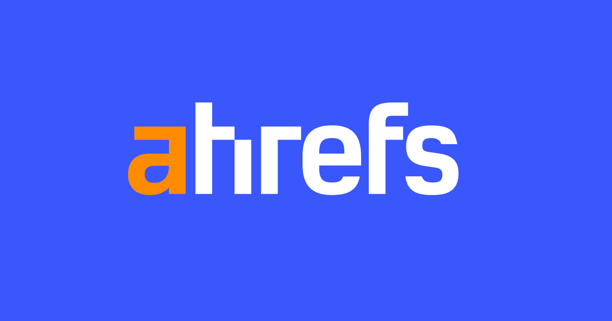 Ahrefs wordmark on the blue graphic used by its homepage.