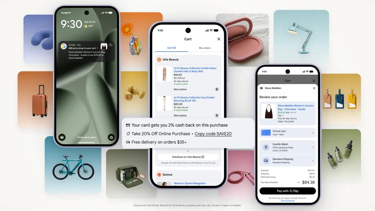 Google Universal Cart launch illustration showing a multi-store saved cart and checkout options