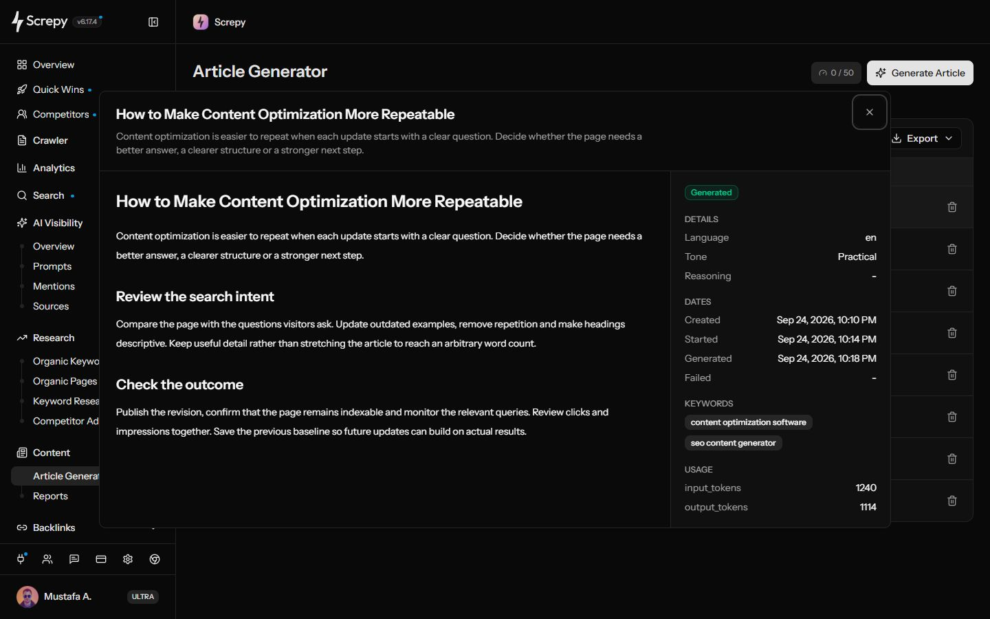 Screpy AI Article Generator showing a generated Markdown draft, keywords, language, tone, reasoning, dates, project history, and export controls