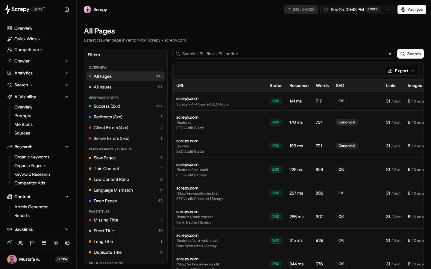 Screpy SEO crawler Pages report showing discovered URLs, response status, crawl depth, metadata, canonicals, and technical page data