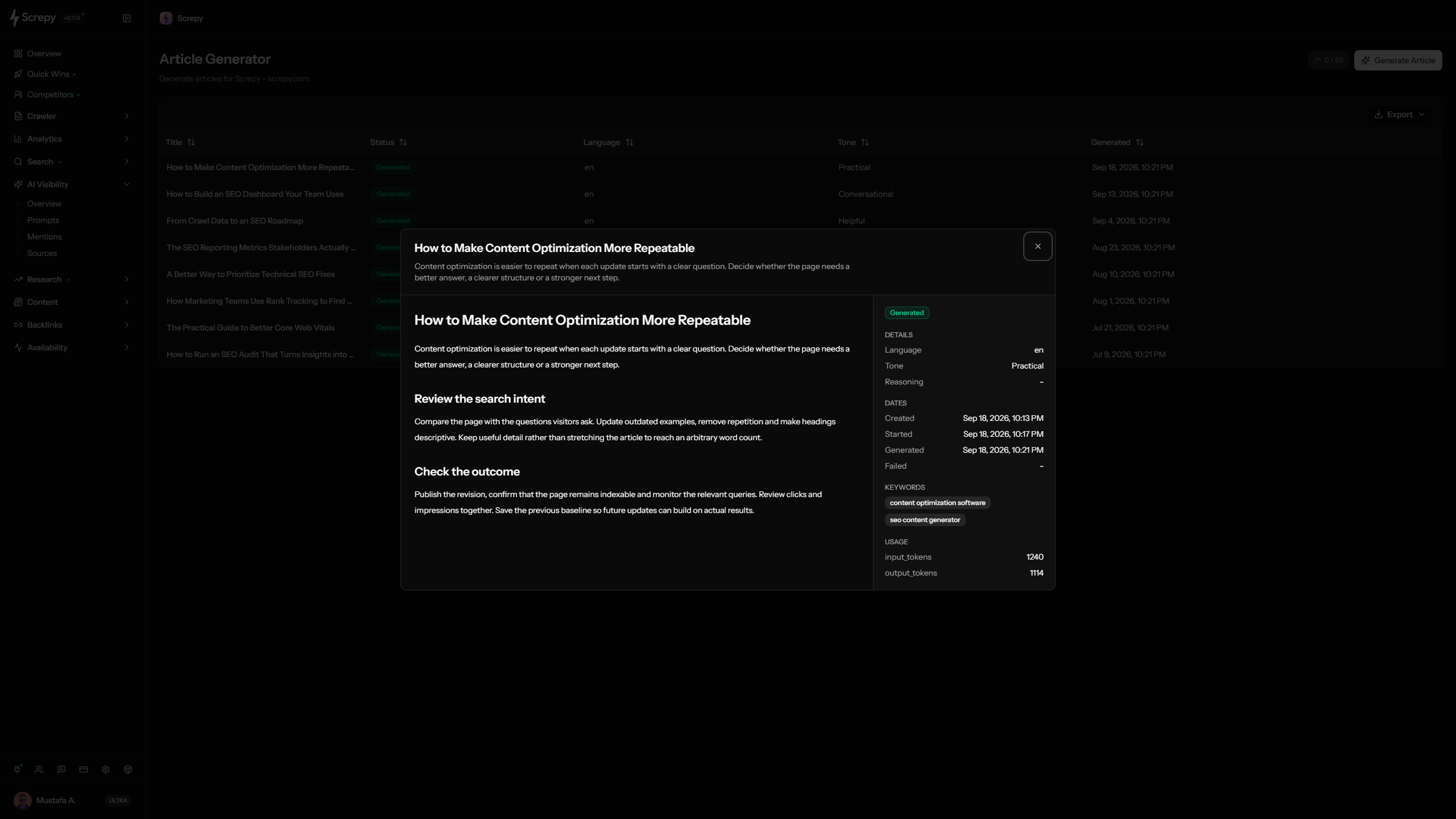 Screpy AI Article Generator showing a generated Markdown draft, keywords, language, tone, reasoning, dates, project history, and export controls
