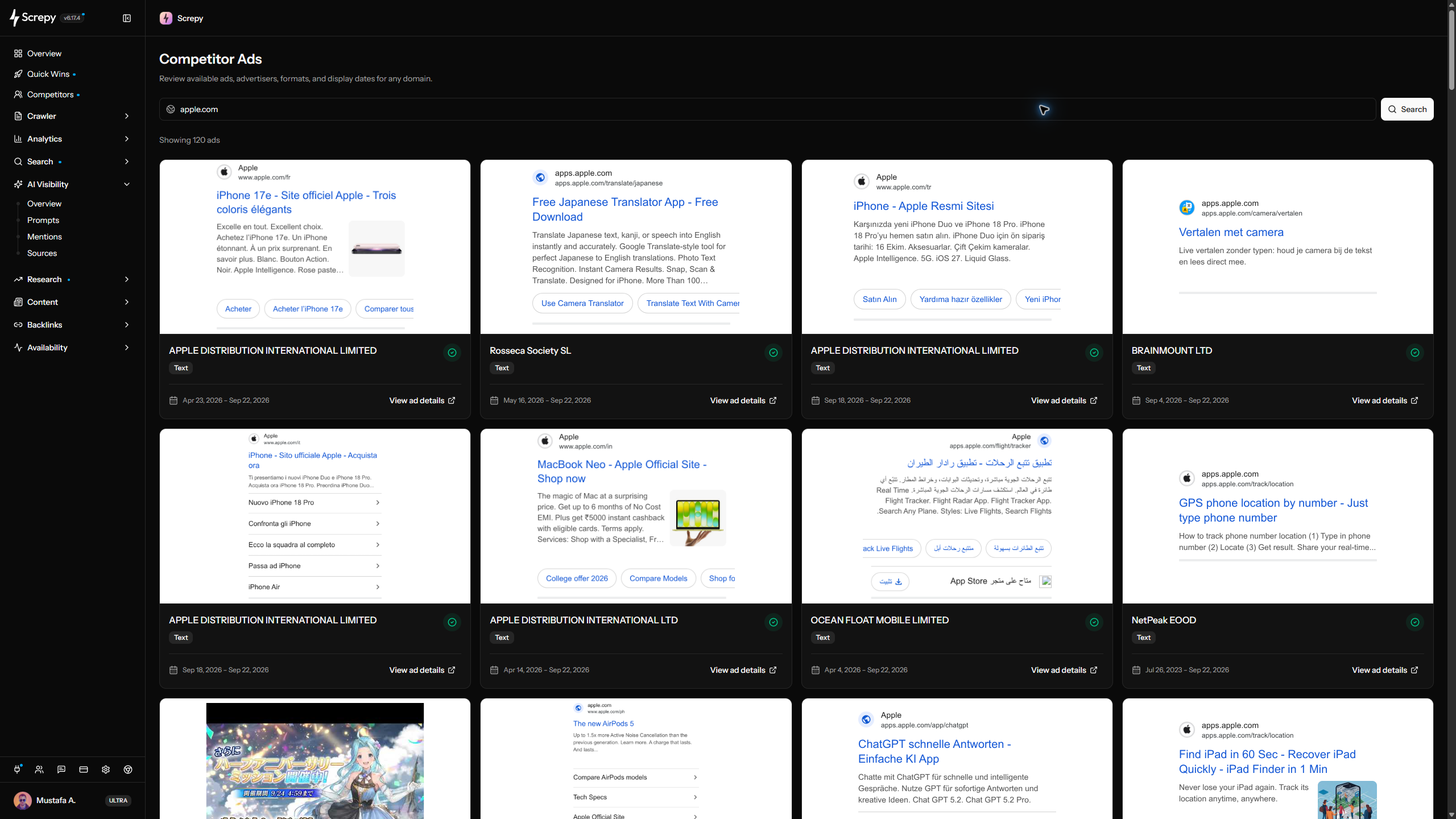 Screpy Competitor Ads grid with visual ad previews, advertiser names, formats, verification, and first and last shown dates