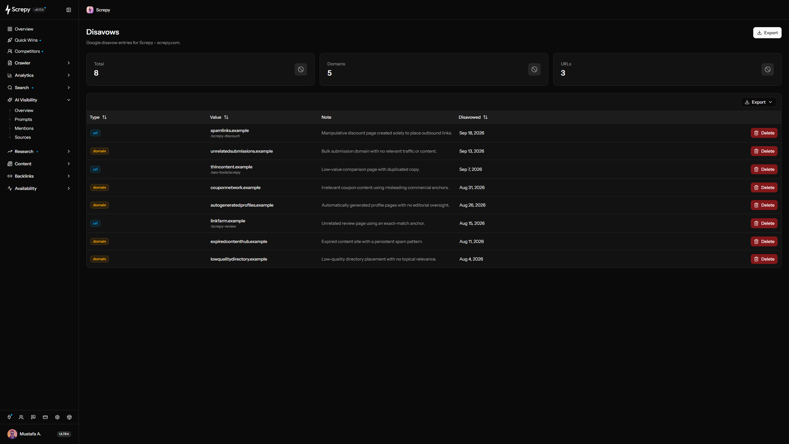 Screpy Disavow Management workflow for manually reviewed backlink domains and URLs