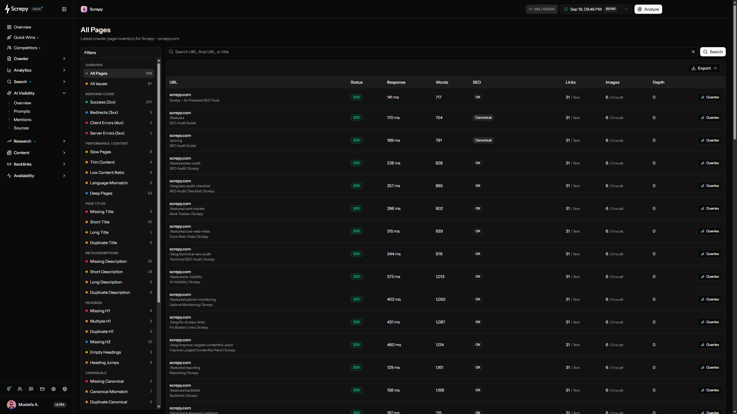 Screpy on-page SEO audit crawler pages dashboard