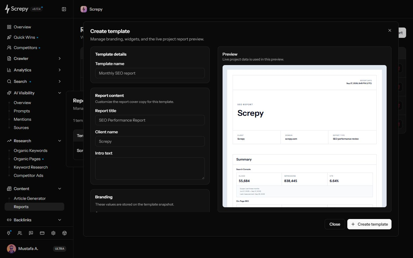 Screpy white-label SEO report template builder and live report preview