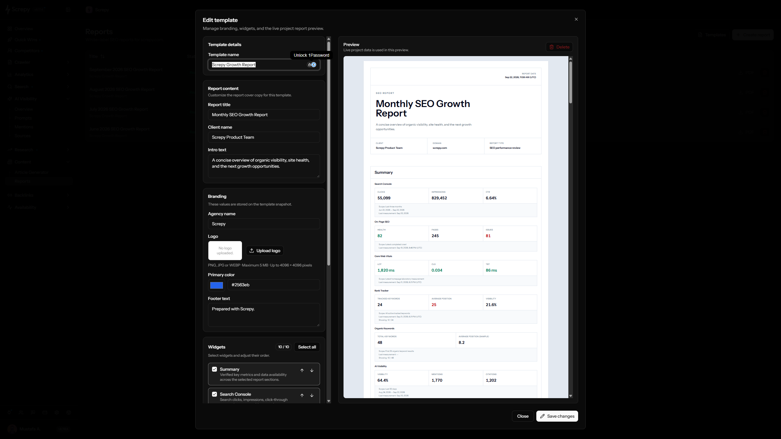 Screpy white-label SEO report template builder and live report preview