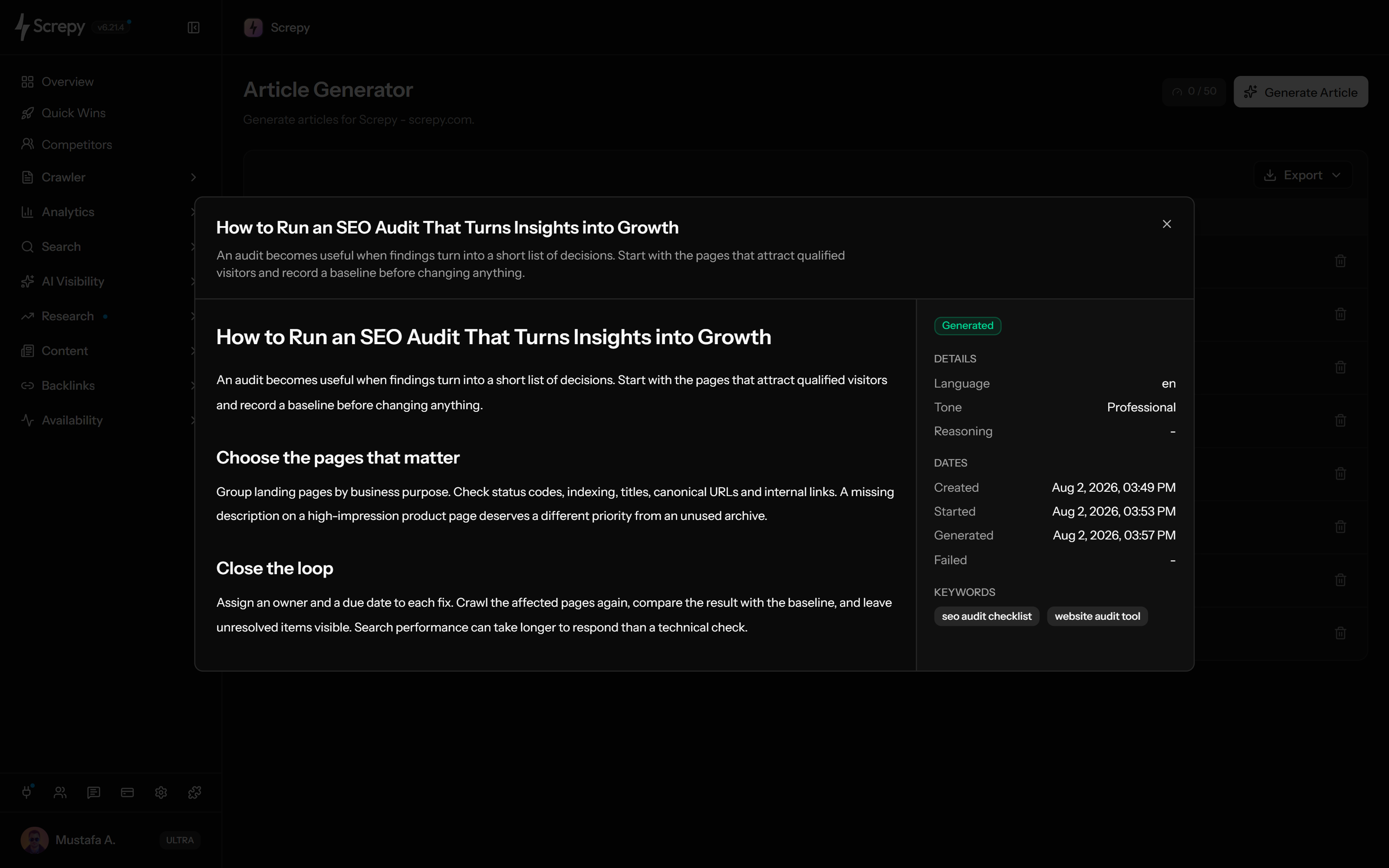 Screpy Yapay Zekâ Makale Oluşturucu; oluşturulmuş Markdown taslağını, anahtar kelimeleri, dili, tonu, akıl yürütme düzeyini, tarihleri, proje geçmişini ve dışa aktarma kontrollerini gösteriyor