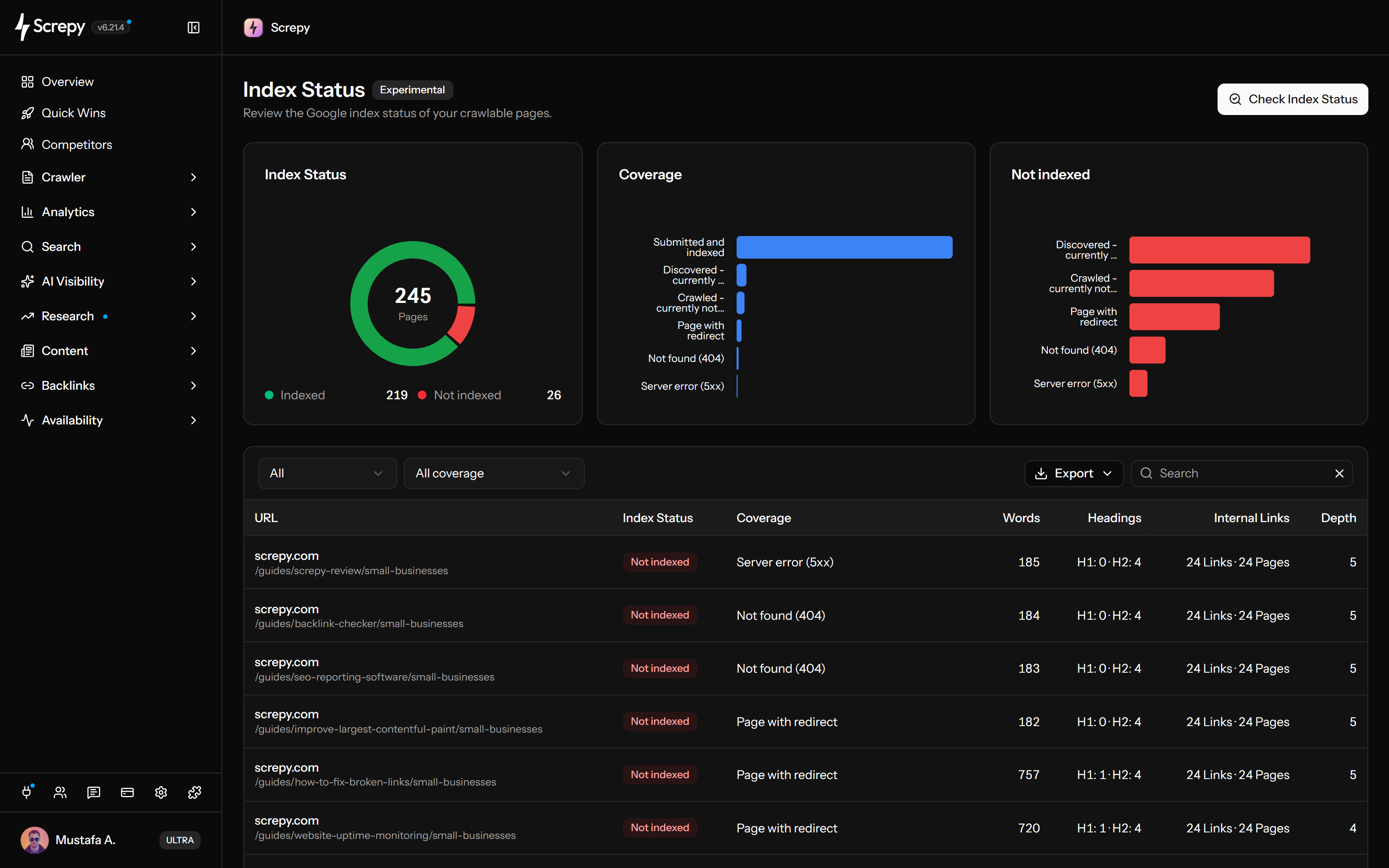 Screpy Dizin Durumu tablosunda sayfa URL'leri, Google dizin kapsamı ve durum ayrıntıları