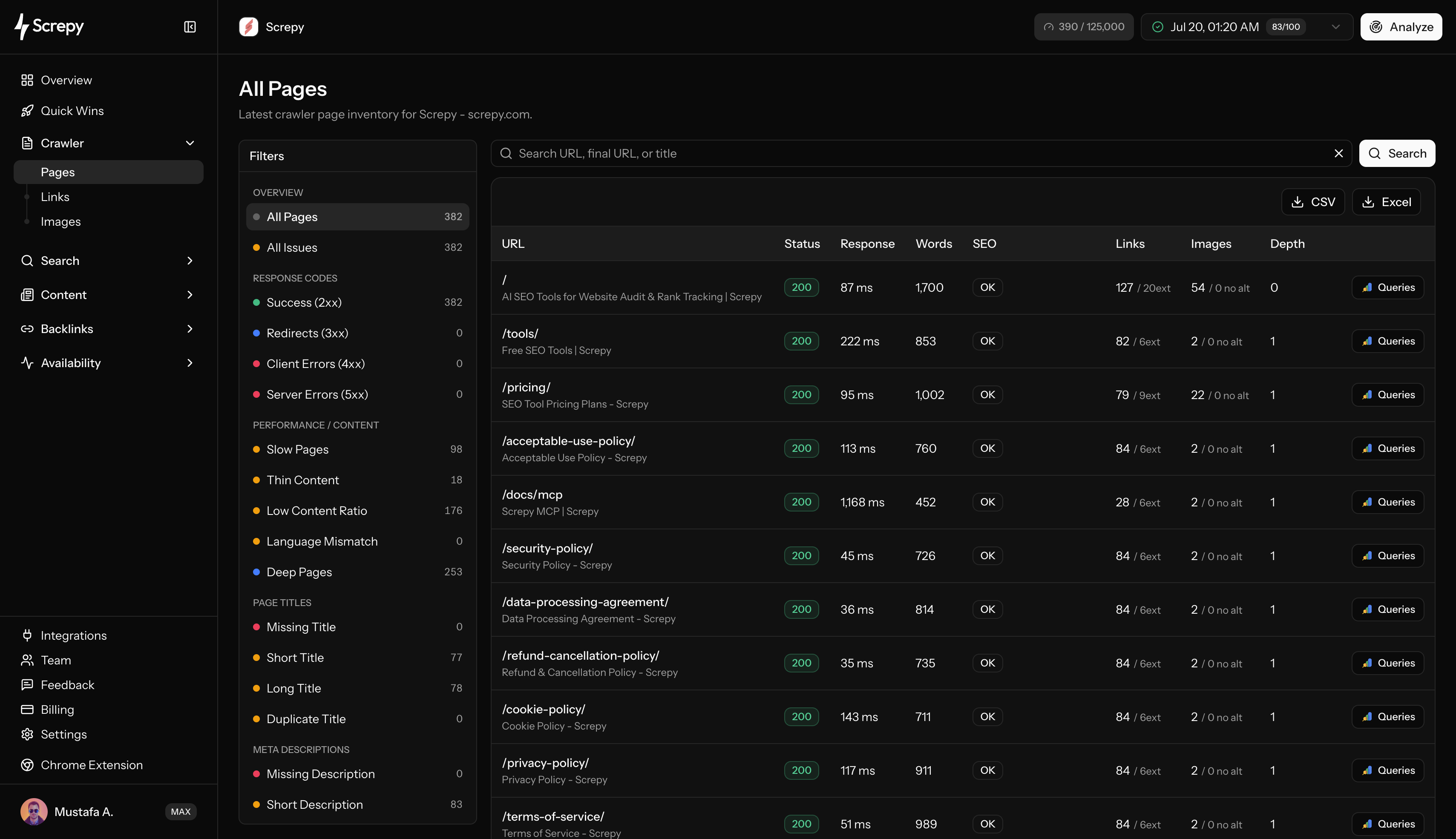 Screpy on-page SEO audit crawler pages dashboard