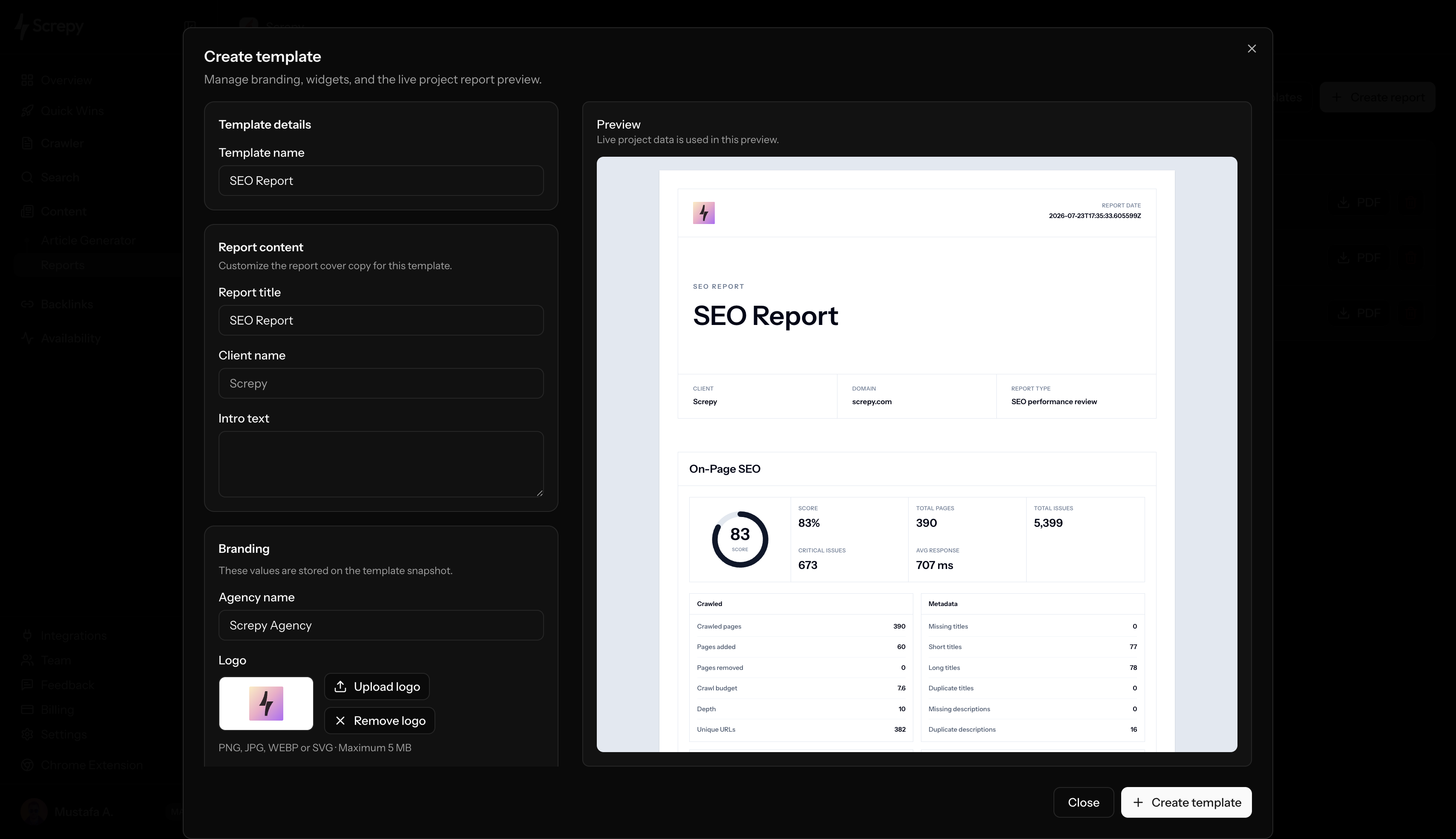 Screpy white-label SEO report template builder and live report preview