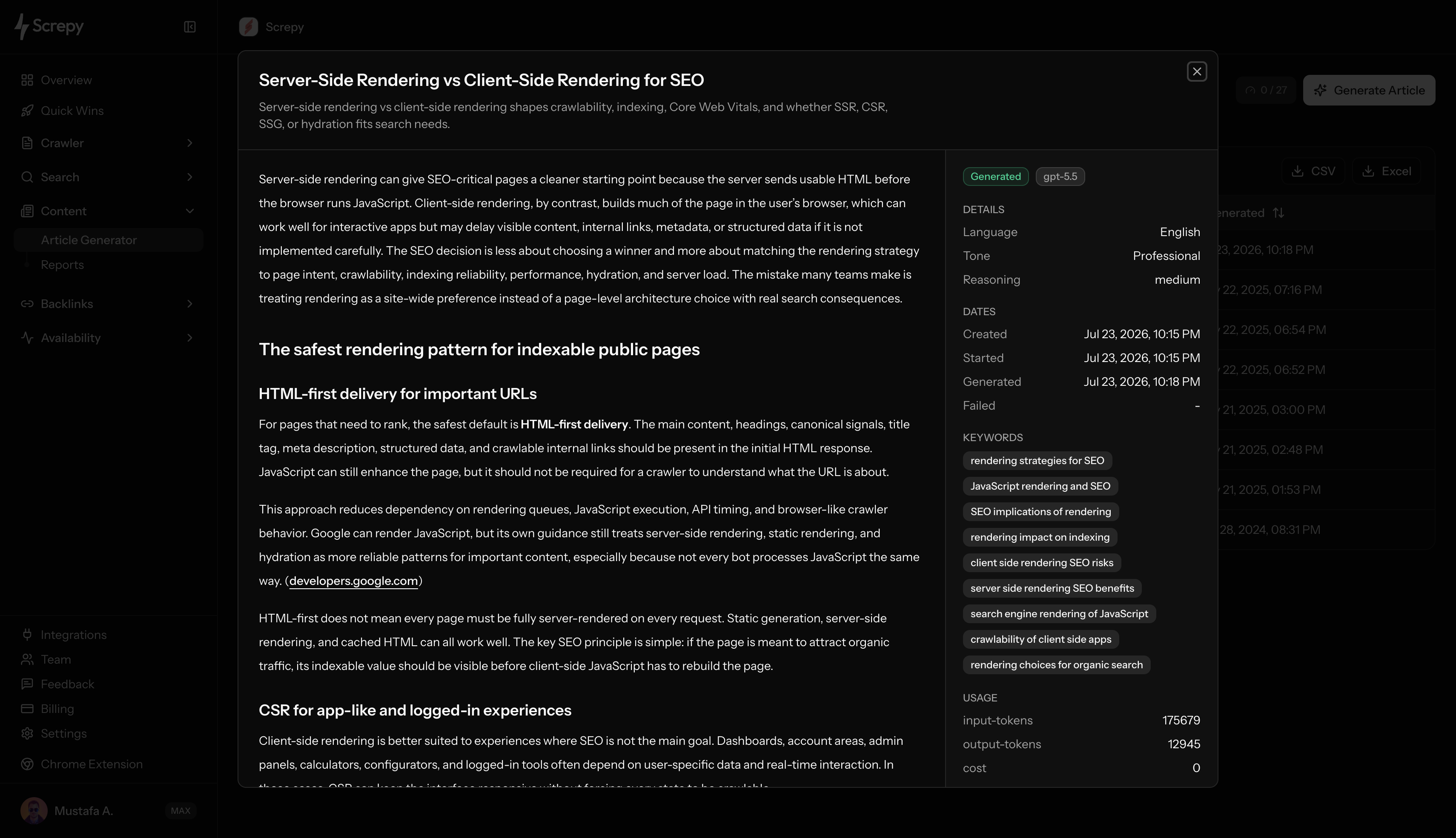 Screpy AI article generator showing an SEO article draft and generation details