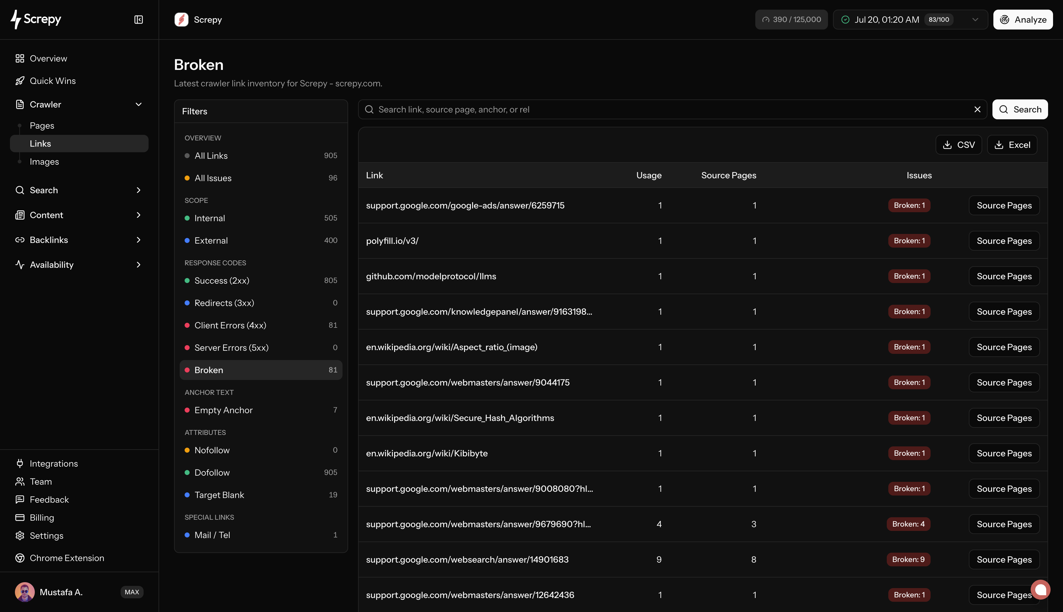 Screpy broken links report for website audit work