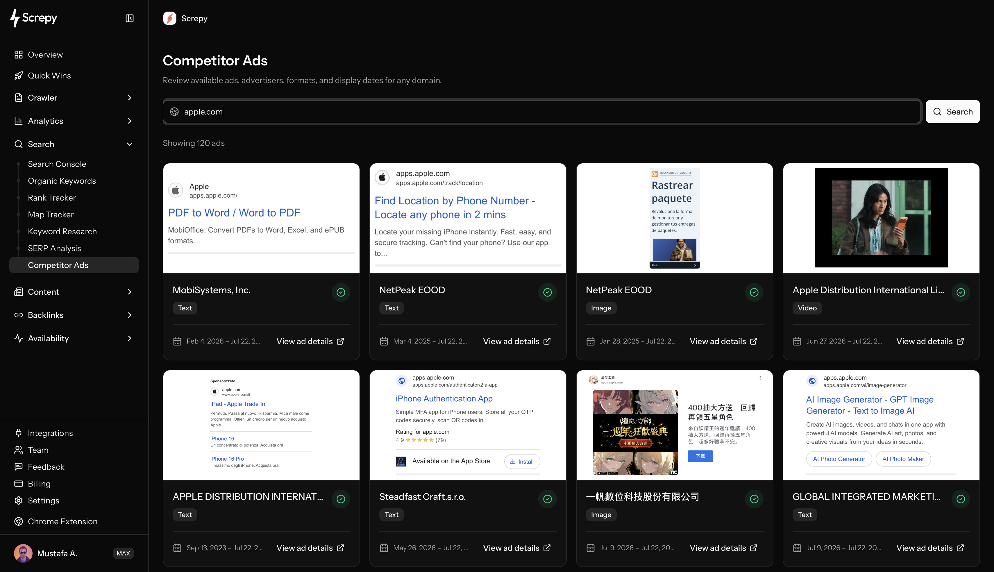 Screpy Competitor Ads dashboard with paid search ad previews, advertisers, formats, and display dates