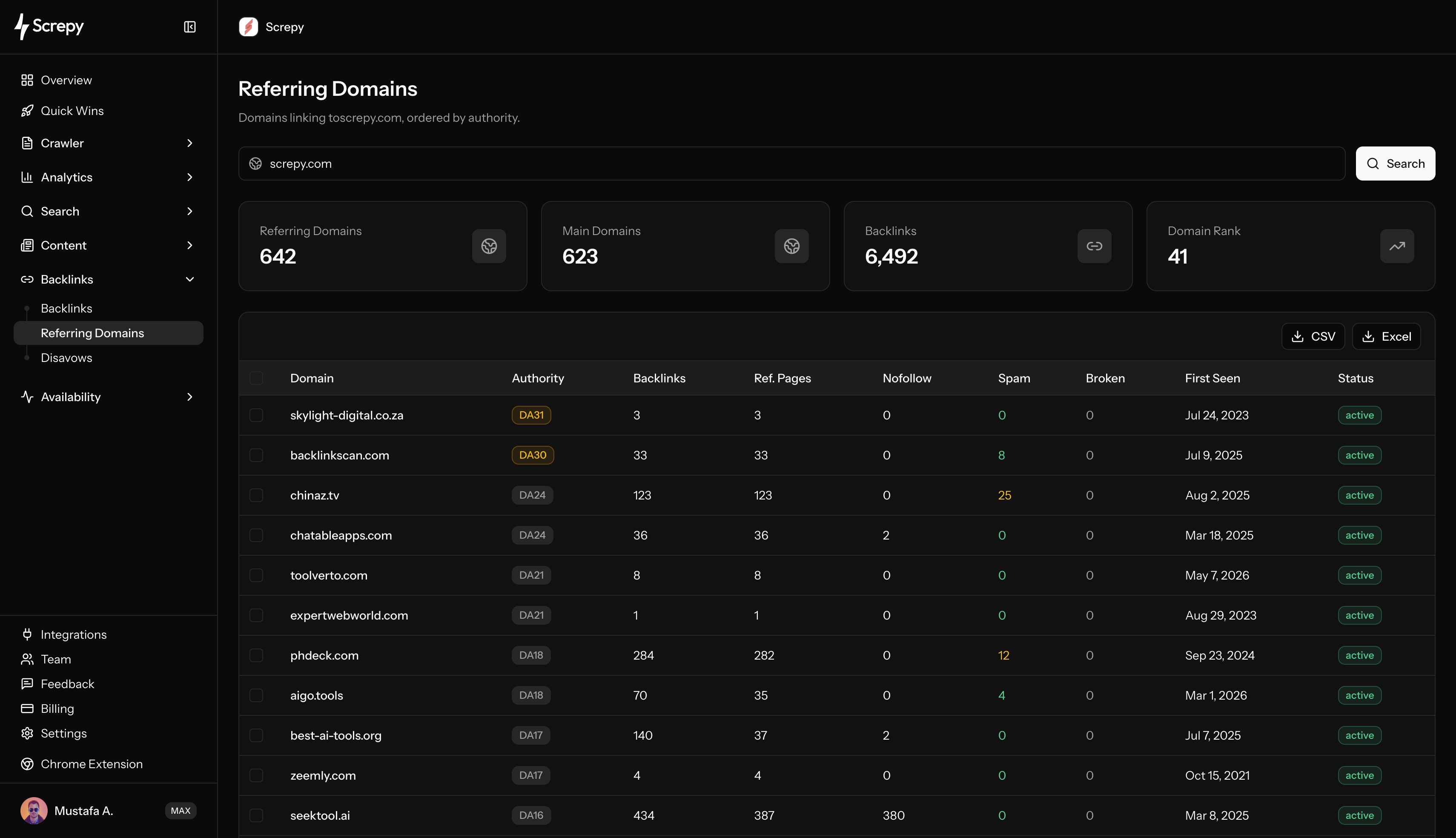 Screpy Referring Domains dashboard with domain authority, backlinks, referring pages, spam signals, and status