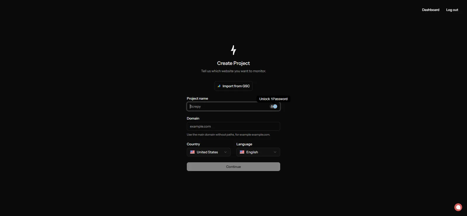 Screpy Create Project screen with project name, domain, country, and language fields