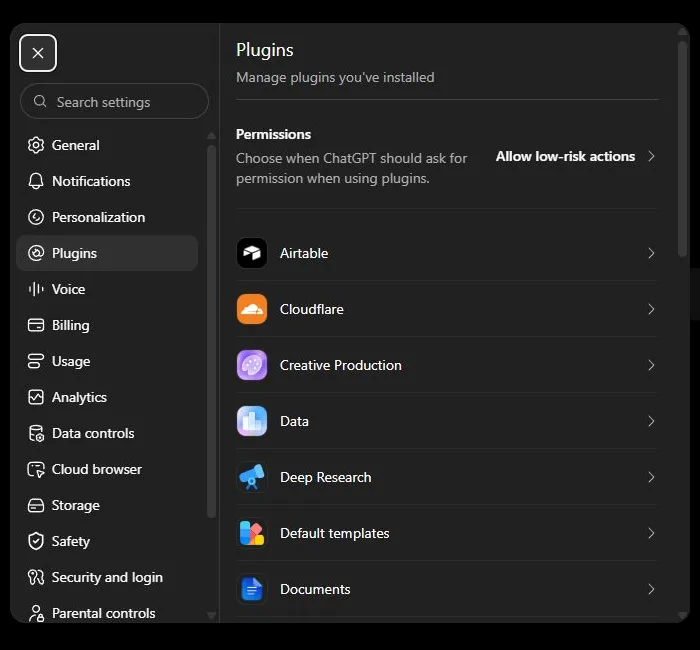 ChatGPT Plugins settings with installed plugins and permission controls
