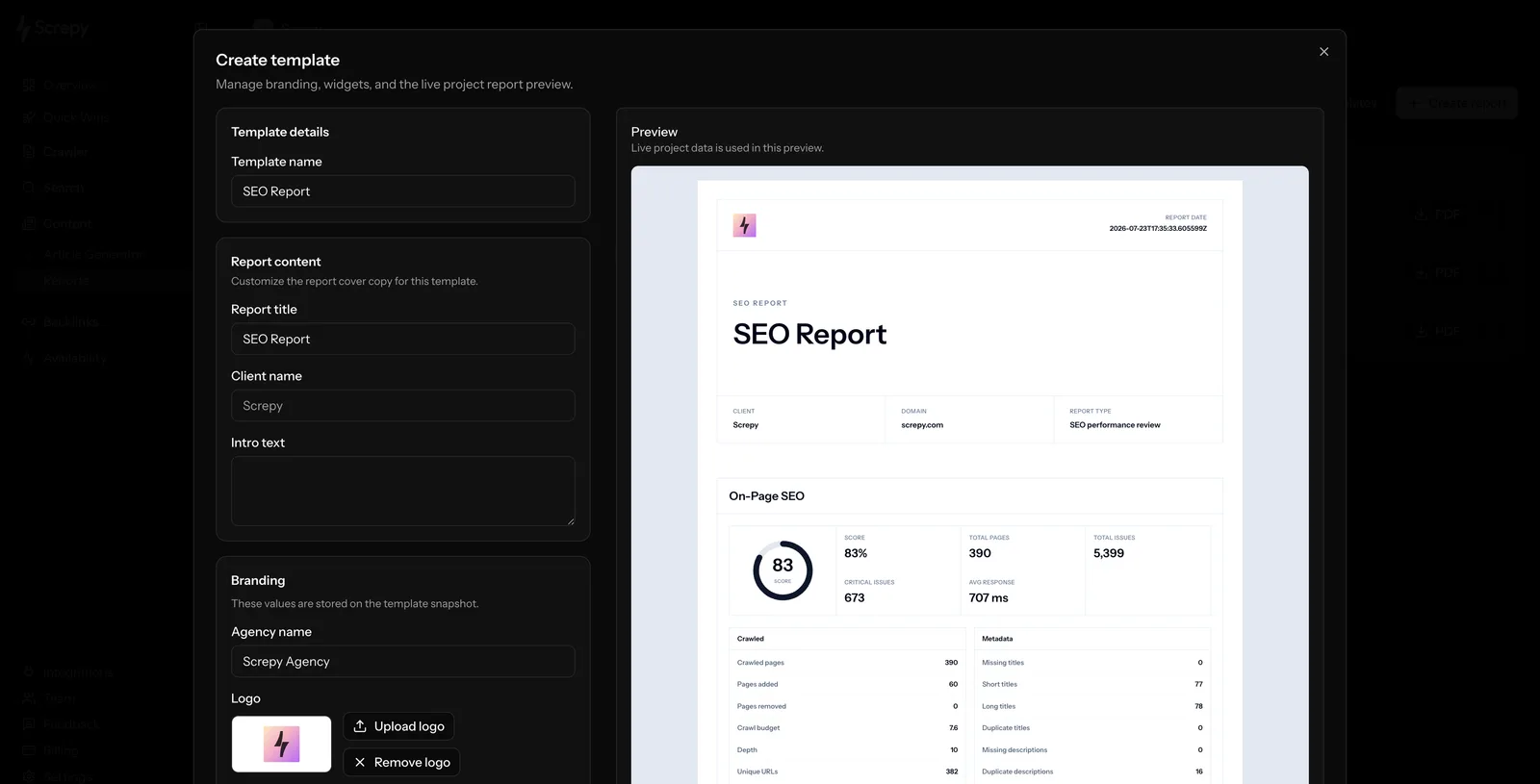 Screpy report template editor with brand settings and a report preview