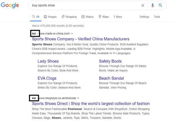 Paid results on SERP