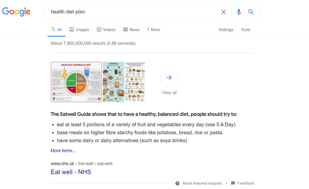 Queries with featured snippets related to health