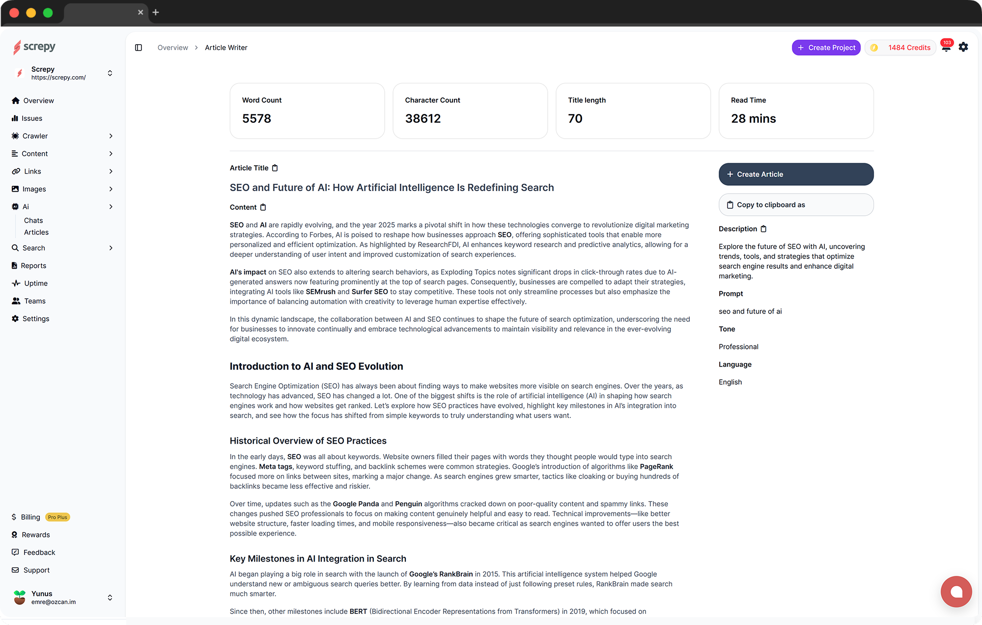 article writer dashboard